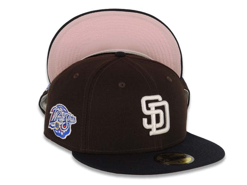 San Diego Padres New Era MLB 59FIFTY 5950 Fitted Cap Hat Dark Brown Crown Navy Blue Visor White Logo 1998 World Series Side Patch Pink UV