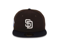 Load image into Gallery viewer, San Diego Padres New Era MLB 59FIFTY 5950 Fitted Cap Hat Dark Brown Crown Navy Blue Visor White Logo 1998 World Series Side Patch Pink UV
