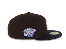Load image into Gallery viewer, San Diego Padres New Era MLB 59FIFTY 5950 Fitted Cap Hat Dark Brown Crown Navy Blue Visor White Logo 1998 World Series Side Patch Pink UV
