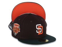 Load image into Gallery viewer, San Diego Padres New Era MLB 59FIFTY 5950 Fitted Cap Hat Dark Brown Crown Dark Green Visor White/Orange Logo 1992 All-Star Game Side Patch Orange UV
