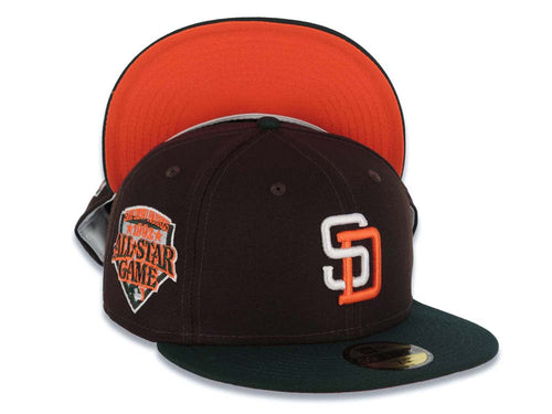 San Diego Padres New Era MLB 59FIFTY 5950 Fitted Cap Hat Dark Brown Crown Dark Green Visor White/Orange Logo 1992 All-Star Game Side Patch Orange UV