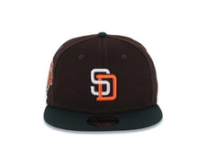 Load image into Gallery viewer, San Diego Padres New Era MLB 59FIFTY 5950 Fitted Cap Hat Dark Brown Crown Dark Green Visor White/Orange Logo 1992 All-Star Game Side Patch Orange UV
