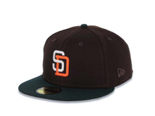 Load image into Gallery viewer, San Diego Padres New Era MLB 59FIFTY 5950 Fitted Cap Hat Dark Brown Crown Dark Green Visor White/Orange Logo 1992 All-Star Game Side Patch Orange UV
