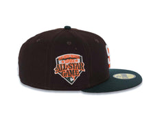 Load image into Gallery viewer, San Diego Padres New Era MLB 59FIFTY 5950 Fitted Cap Hat Dark Brown Crown Dark Green Visor White/Orange Logo 1992 All-Star Game Side Patch Orange UV
