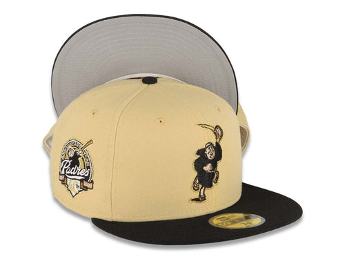 San Diego Padres New Era MLB 59FIFTY 5950 Fitted Cap Hat Vegas Gold Crown Black Visor Metallic Gold Catching Friar Logo 40th Anniversary Side Patch