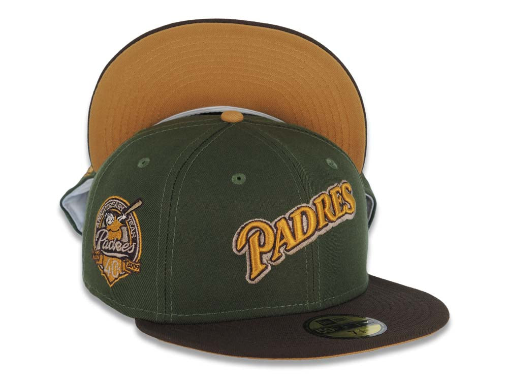 San Diego Padres New Era MLB 59FIFTY 5950 Fitted Cap Hat Olive Green Crown Brown Visor Tan/Cream Script Logo 40th Anniversary Side Patch Tan UV