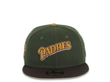 Load image into Gallery viewer, San Diego Padres New Era MLB 59FIFTY 5950 Fitted Cap Hat Olive Green Crown Brown Visor Tan/Cream Script Logo 40th Anniversary Side Patch Tan UV
