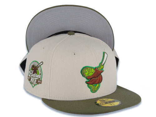 San Diego Padres New Era MLB 59FIFTY 5950 Fitted Cap Hat Stone Crown Olive Green Visor Green/Brown Swinging Friar Logo 40th Anniversary Side Patch