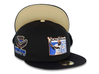 (Satin Visor) New Era 59FIFTY 5950 Fitted Cap Hat Black Crown/Visor Metallic Blue/Copper Jackie Robinson Logo Ebbets Field Side Patch Yellow Green UV