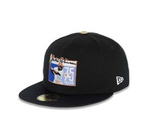 Load image into Gallery viewer, (Satin Visor) New Era 59FIFTY 5950 Fitted Cap Hat Black Crown/Visor Metallic Blue/Copper Jackie Robinson Logo Ebbets Field Side Patch Yellow Green UV
