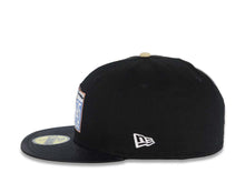 Load image into Gallery viewer, (Satin Visor) New Era 59FIFTY 5950 Fitted Cap Hat Black Crown/Visor Metallic Blue/Copper Jackie Robinson Logo Ebbets Field Side Patch Yellow Green UV
