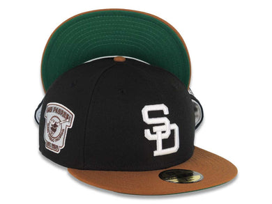 (Pin Included) San Diego Padres New Era MLB 59FIFTY 5950 Fitted Cap Hat Black Crown Brown Visor White Cooperstown Logo Go Padres Side Patch Green UV