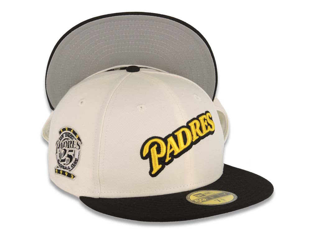 San Diego Padres New Era MLB 59FIFTY 5950 Fitted Cap Hat Chrome Crown Black Visor Yellow/Black Script Logo 25th Anniversary Side Patch Gray UV