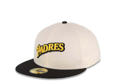 Load image into Gallery viewer, San Diego Padres New Era MLB 59FIFTY 5950 Fitted Cap Hat Chrome Crown Black Visor Yellow/Black Script Logo 25th Anniversary Side Patch Gray UV
