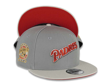 San Diego Padres New Era MLB 9FIFTY 950 Snapback Cap Hat Gray Crown Piping Stone Visor Metallic Black Script Logo 25th Anniversary Side Patch Red UV
