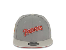 Load image into Gallery viewer, San Diego Padres New Era MLB 9FIFTY 950 Snapback Cap Hat Gray Crown Piping Stone Visor Metallic Black Script Logo 25th Anniversary Side Patch Red UV
