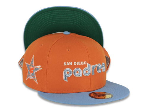 San Diego Padres New Era MLB 59FIFTY 5950 Fitted Cap Hat Orange Crown Sky Blue Visor Metallic Blue/Glow Whie Script Logo 1978 All-Star Game Side Patch