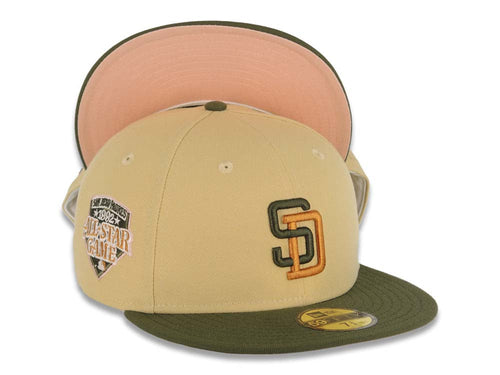 San Diego Padres New Era MLB 59FIFTY 5950 Fitted Cap Hat Vegas Gold  Crown Olive Green Visor Olive Green/Ligth Brown Logo 1992 All-Star Game Side Patch Light Peach UV