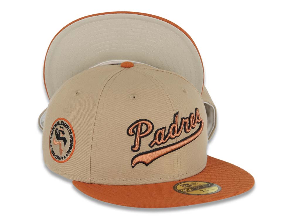 San Diego Padres New Era MLB 59FIFTY 5950 Fitted Cap Hat Khaki Crown Dark Orange Visor Metallic Copper/Black Logo Centennial Side Patch Stone UV
