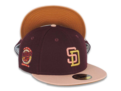 San Diego Padres New Era MLB 59FIFTY 5950 Fitted Cap Hat Maroon Crown Light Peach Visor Pink/Metallic Gold Logo 25th Anniversary Side Patch LightBrown