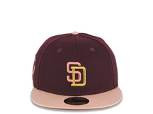 Load image into Gallery viewer, San Diego Padres New Era MLB 59FIFTY 5950 Fitted Cap Hat Maroon Crown Light Peach Visor Pink/Metallic Gold Logo 25th Anniversary Side Patch LightBrown
