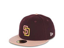 Load image into Gallery viewer, San Diego Padres New Era MLB 59FIFTY 5950 Fitted Cap Hat Maroon Crown Light Peach Visor Pink/Metallic Gold Logo 25th Anniversary Side Patch LightBrown
