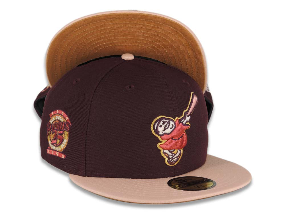 (Youth) San Diego Padres New Era MLB 59FIFTY 5950 Fitted Kid Cap Hat Maroon Crown Pink Visor Pink/Gold Logo 25th Anniversary Side Patch Metallic Brown UV