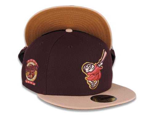 (Youth) San Diego Padres New Era MLB 59FIFTY 950 Snapback Cap Hat Maroon Crown Light Peach Visor Pink/Metallic Gold Logo 25th Anniversary Side Patch