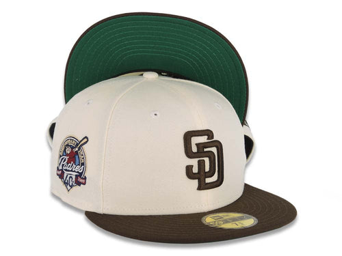 San Diego Padres New Era MLB 59FIFTY 5950 Fitted Cap Hat Cream Crown Brown Visor Brown Logo 40th Anniversary Side Patch Green UV