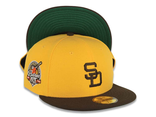 San Diego Padres New Era MLB 59FIFTY 5950 Fitted Cap Hat Yellow Crown Brown Visor Brown Logo 40th Anniversary Side Patch Green UV