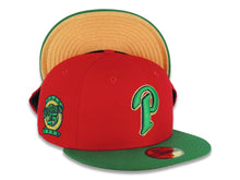 Load image into Gallery viewer, San Diego Padres New Era MLB 59FIFTY 5950 Fitted Cap Hat Red Crown Green Visor Green/Metallic Gold P Logo 25th Anniversary Side Patch Metallic Gold UV
