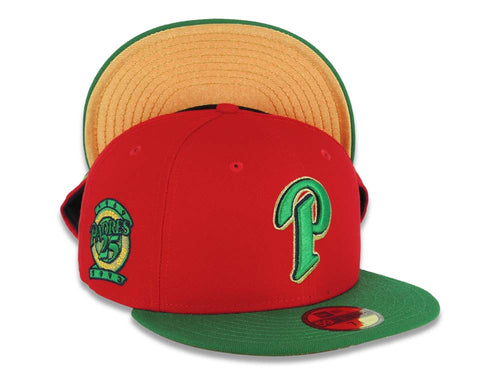 San Diego Padres New Era MLB 59FIFTY 5950 Fitted Cap Hat Red Crown Green Visor Green/Metallic Gold P Logo 25th Anniversary Side Patch Metallic Gold UV