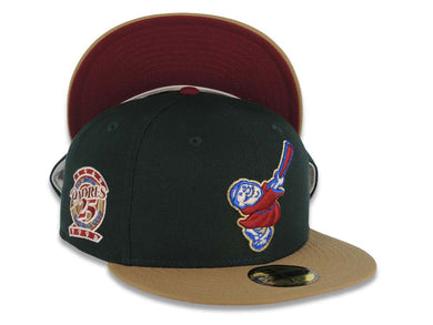 San Diego Padres New Era MLB 59FIFTY 5950 Fitted Cap Hat Dark Green Crown Kahki Visor Cardinal/Metallic Blue Swinging Friar 25th Anniversary SidePatch