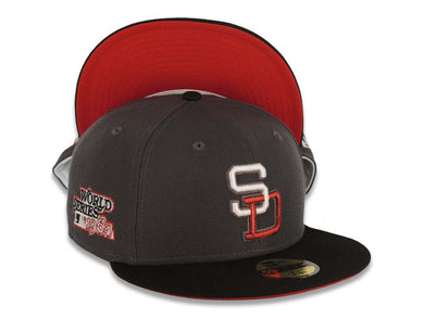 San Diego Padres New Era MLB 59FIFTY 5950 Fitted Cap Hat Dark Gray Crown Black Visor White/Metallic Red Cooperstown Logo 1984 World Series Side Patch