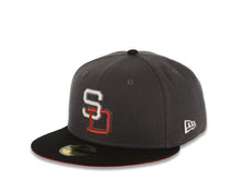 Load image into Gallery viewer, San Diego Padres New Era MLB 59FIFTY 5950 Fitted Cap Hat Dark Gray Crown Black Visor White/Metallic Red Cooperstown Logo 1984 World Series Side Patch

