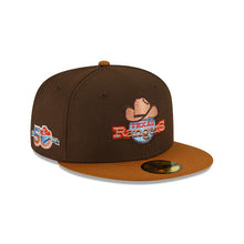 Load image into Gallery viewer, Texas Rangers New Era MLB 59FIFTY 5950 Fitted Cap Hat Brown Crown Brown Visor Sky Blue/Brown Logo 50th Anniversary Side Patch
