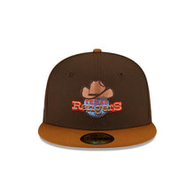 Load image into Gallery viewer, Texas Rangers New Era MLB 59FIFTY 5950 Fitted Cap Hat Brown Crown Brown Visor Sky Blue/Brown Logo 50th Anniversary Side Patch
