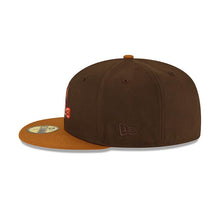 Load image into Gallery viewer, Texas Rangers New Era MLB 59FIFTY 5950 Fitted Cap Hat Brown Crown Brown Visor Sky Blue/Brown Logo 50th Anniversary Side Patch
