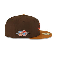 Load image into Gallery viewer, Texas Rangers New Era MLB 59FIFTY 5950 Fitted Cap Hat Brown Crown Brown Visor Sky Blue/Brown Logo 50th Anniversary Side Patch
