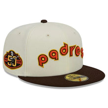 Load image into Gallery viewer, San Diego Padres New Era MLB 59FIFTY 5950 Fitted Cap Hat Chrome Crown Dark Brown Visor Orange/Yelllow Script Logo 50th Anniversary Side Patch Green UV
