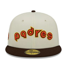 Load image into Gallery viewer, San Diego Padres New Era MLB 59FIFTY 5950 Fitted Cap Hat Chrome Crown Dark Brown Visor Orange/Yelllow Script Logo 50th Anniversary Side Patch Green UV
