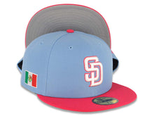 Load image into Gallery viewer, San Diego Padres New Era MLB 59FIFTY 5950 Fitted Cap Hat Sky Blue Crown Magenta Visor White/Magenta Logo Mexico Flag Side Patch Gray UV
