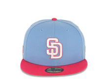 Load image into Gallery viewer, San Diego Padres New Era MLB 59FIFTY 5950 Fitted Cap Hat Sky Blue Crown Magenta Visor White/Magenta Logo Mexico Flag Side Patch Gray UV
