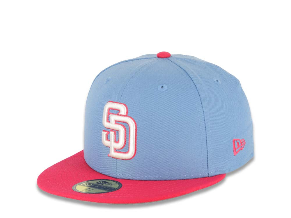 San Diego Padres New Era MLB 59FIFTY 5950 Fitted Cap Hat Beet Root Purple Crown/Visor Teal/Lake Purple Logo 50th Anniversary Side Patch Pink UV 7 3/8