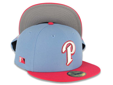 San Diego Padres New Era MLB 59FIFTY 5950 Fitted Cap Hat Sky Blue Crown Magenta Visor White/Magenta P Logo Batterman Batty Side Patch Gray UV