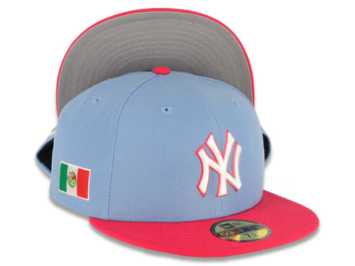 New York Yankees New Era MLB 59FIFTY 5950 Fitted Cap Hat Sky Blue Crown Magenta Visor White/Magenta Logo Mexico Flag Side Patch Gray UV