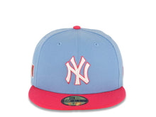 Load image into Gallery viewer, New York Yankees New Era MLB 59FIFTY 5950 Fitted Cap Hat Sky Blue Crown Magenta Visor White/Magenta Logo Mexico Flag Side Patch Gray UV
