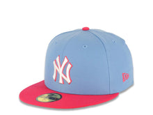 Load image into Gallery viewer, New York Yankees New Era MLB 59FIFTY 5950 Fitted Cap Hat Sky Blue Crown Magenta Visor White/Magenta Logo Mexico Flag Side Patch Gray UV
