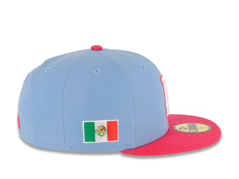 Los Angeles Dodgers New Era MLB 59FIFTY 5950 Fitted Cap Hat Sky Blue Crown Magenta Visor White/Magenta Logo Mexico Flag Side Patch Gray UV 7