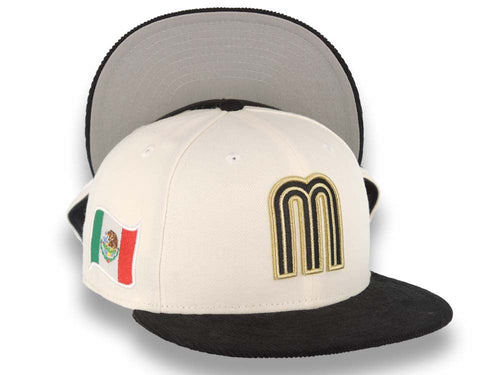 (Corduroy Visor) Mexico New Era 59FIFTY 5950 Fitted Cap Hat Cream Crown Black Visor Metallic Gold/Black Logo Mexico Flag Side Patch Gray UV